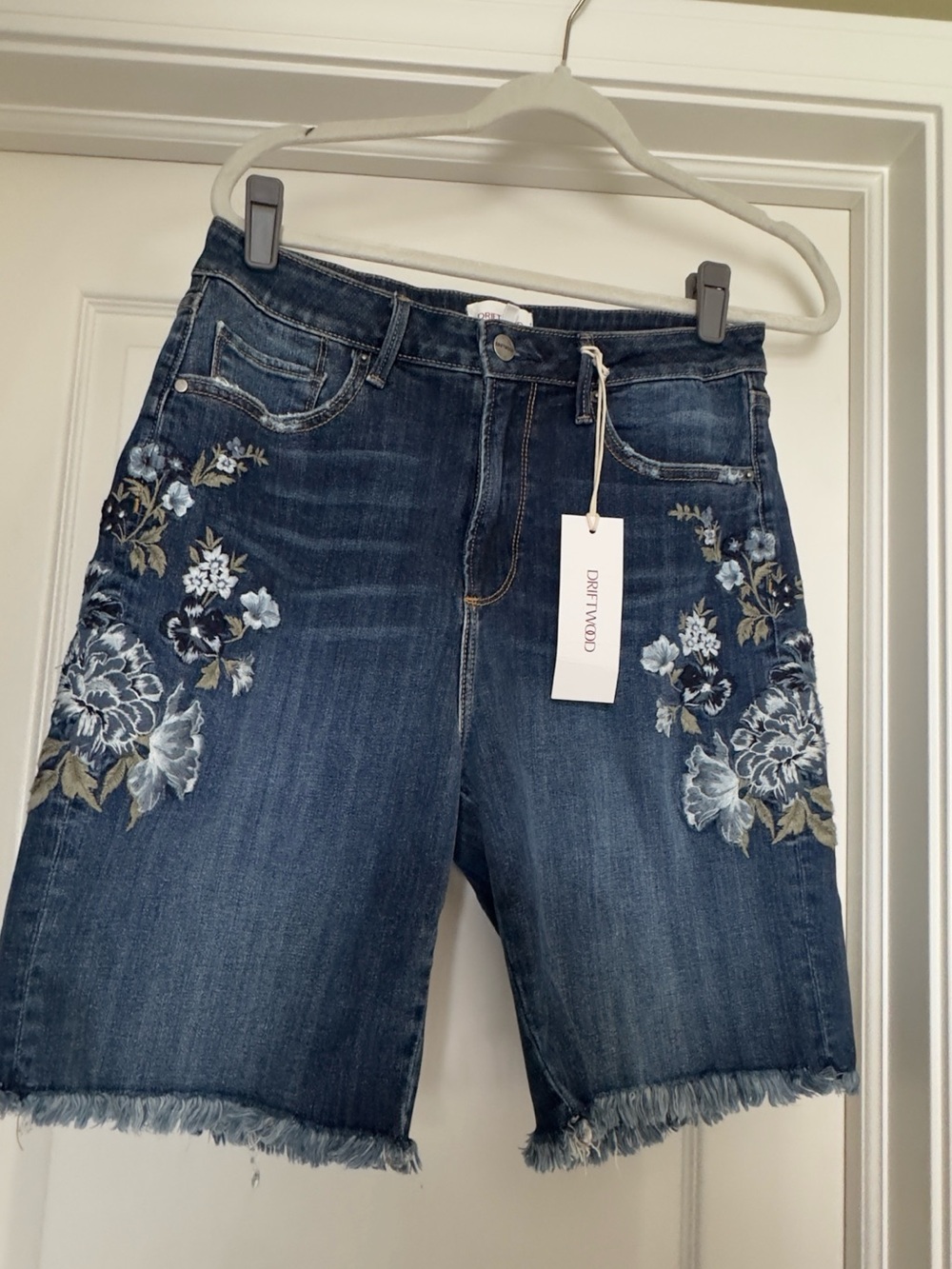 DRIFTWOOD Women's Dark Blue Embroidered Denim Bermuda Shorts